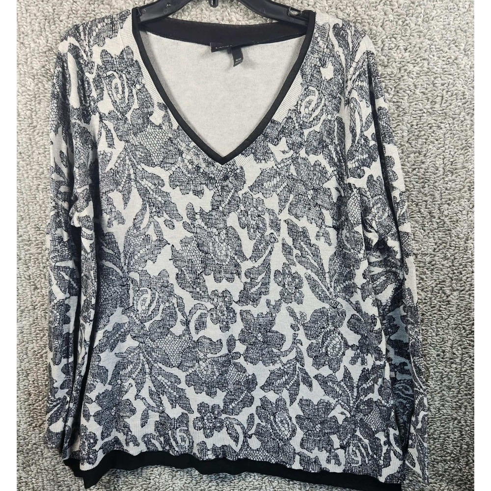 Lane Bryant Sweater Top Gray Black Floral Lace Print V-Neck Womens 18/20